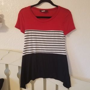 Red, black and white striped top